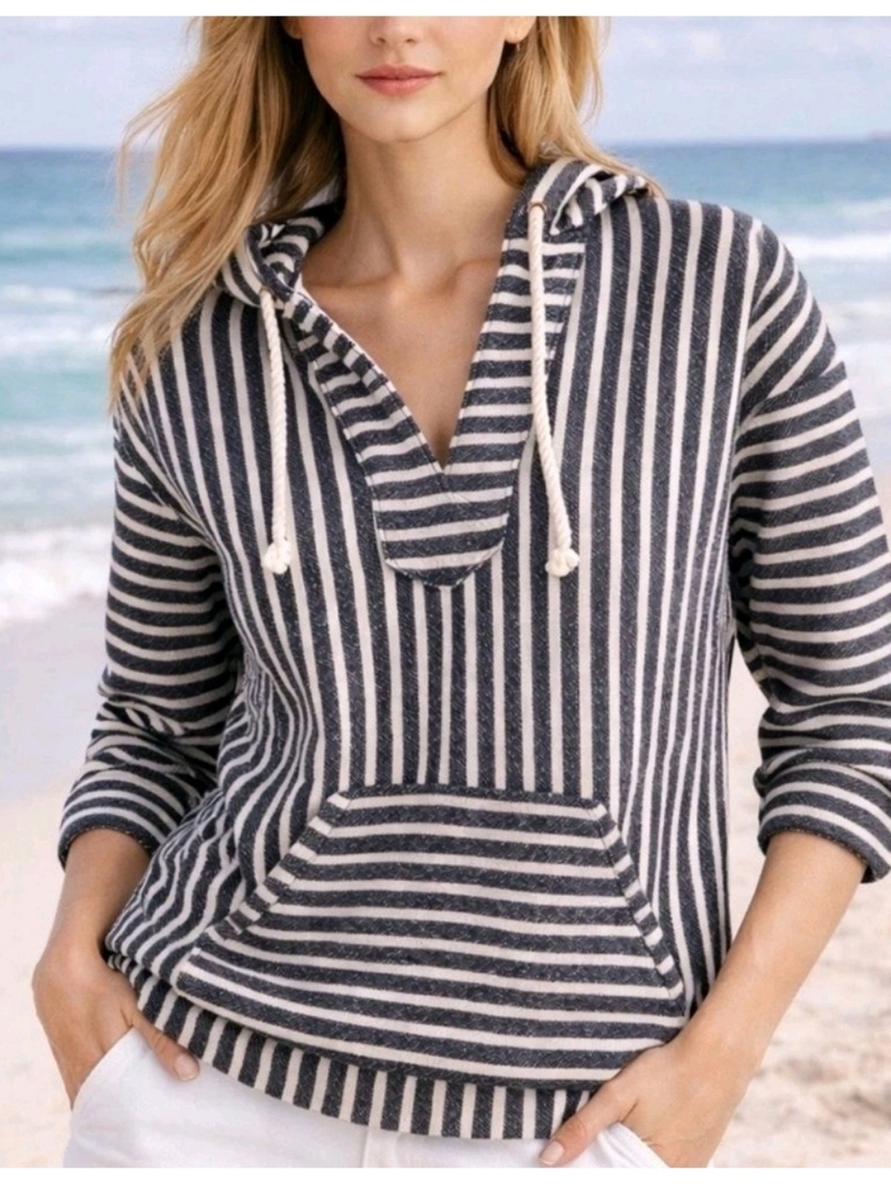 J. Crew Baja Stripper Nautical Beach Navy Striped Hooded Shirt EUC Coastal
